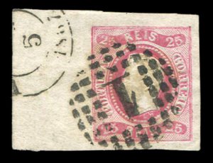 Portugal #20, 1867 25r rose, left sheet margin single, used, huge margins