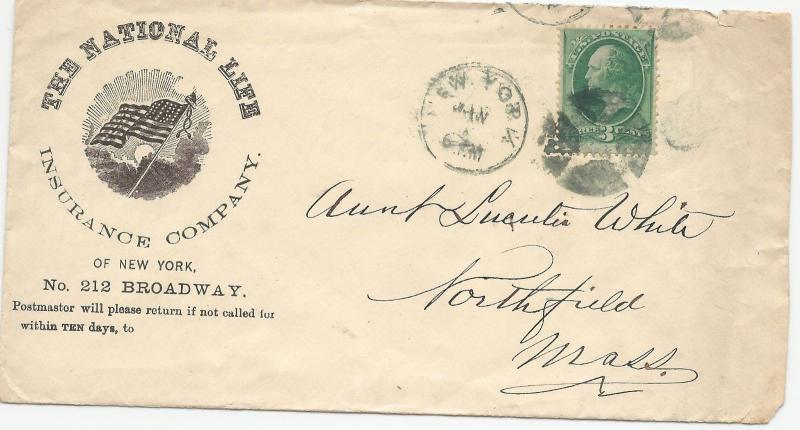 NATIONAL LIFE INSURANCE COVER US Postage 1870 Scott A46 - 136 3 Cent Green NY NY