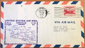 US C33 First Flight Cover FFC AM 87 Danville VA to Roanoke VA 4/23/1948 L19