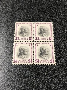 US 832 Woodrow Wilson $1 Center Line Block Of 4 Extra Fine Mint Never Hinged 
