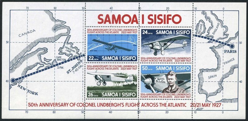 Samoa 453a, MNH. Michel Bl.13. Colonel Lindbergh's Flight-50, 1977. Plane, Map.
