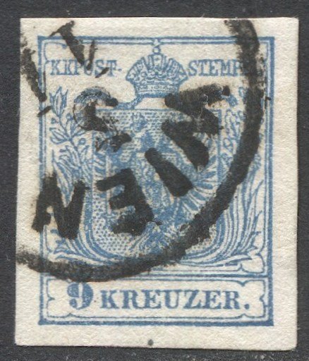 AUSTRIA 1850  9kr Sc 5e blue, Type III, MP Used, WIEN cancel, VF