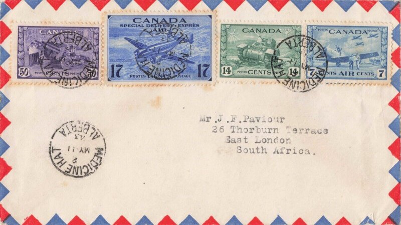 Canada 1943 War Issue Special Delivery Airmail Cover Medicine Hat South Africa 