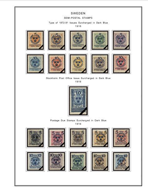 COLOR PRINTED SWEDEN [CLASS.] 1855-1946 STAMP ALBUM PAGES (31 illustrated pages)