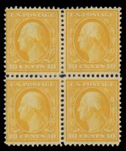 United States, 1904-9 #338 Cat$280, 1909 10c yellow, block of four, hinge rem...