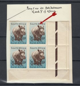 South Africa 1959 3d Rhino Block Of 4 Dot Between A & F Error/Flaw MNH JK3172