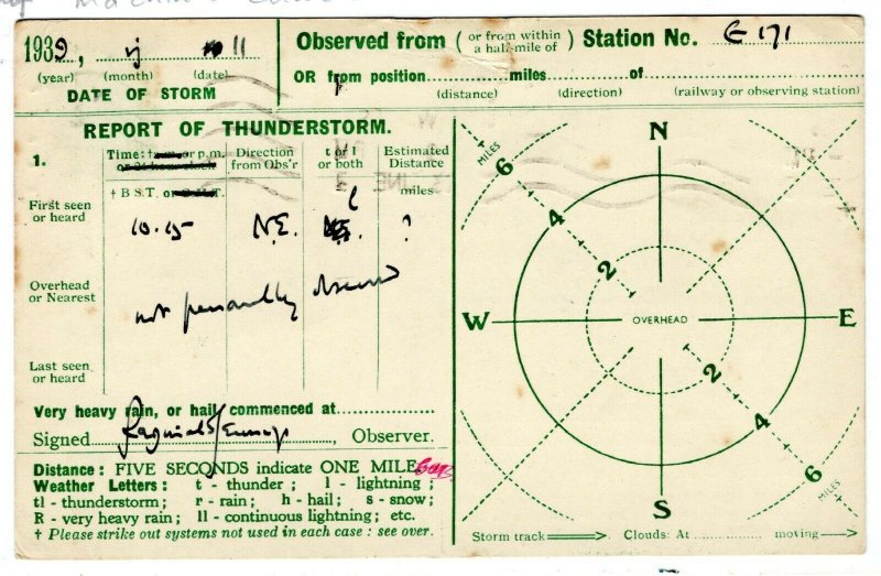 GB Wilts Card Weather Thunderstorm Report Marlborough Huddersfield 1939 MZ635