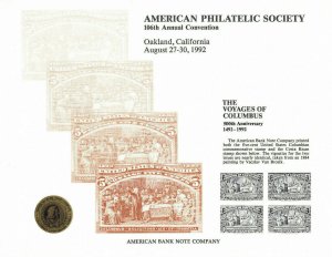 ABNC Souvenir Card SO104 APS Voyages of Columbus Costa Rica #123 US #234 Mint