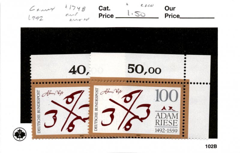 Germany, Postage Stamp, #1748 (2 Ea) Mint NH, 1992 Adam Riese (AB)