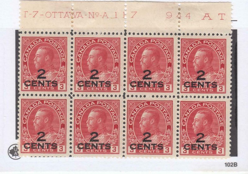 CANADA # 140 VF-MNH 3MH PLATE BLOCK OF KGV 2cts PROVISIONALS CAT VALUE $450++