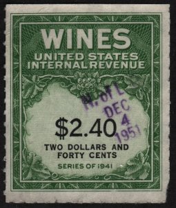 RE153 $2.40 Wine Revenue Stamp (1942) Used