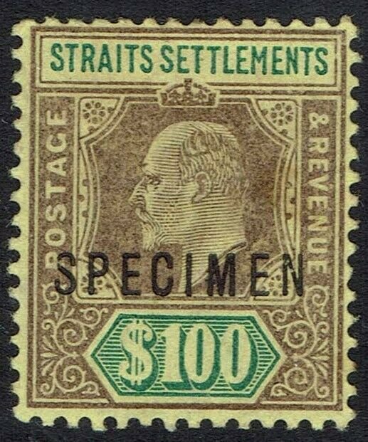 STRAITS SETTLEMENTS 1902 KEVII SPECIMEN $100 WMK CROWN CA 