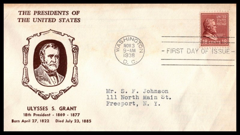 1938 Presidential Series Prexy Sc 823-11 18c Grant with Hux Cut cachet (CK