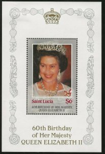 SAINT LUCIA1986 60TH BIRTHDAY QUEEN ELIZABETH ,$6 DELUX PERF SHEETLET 4