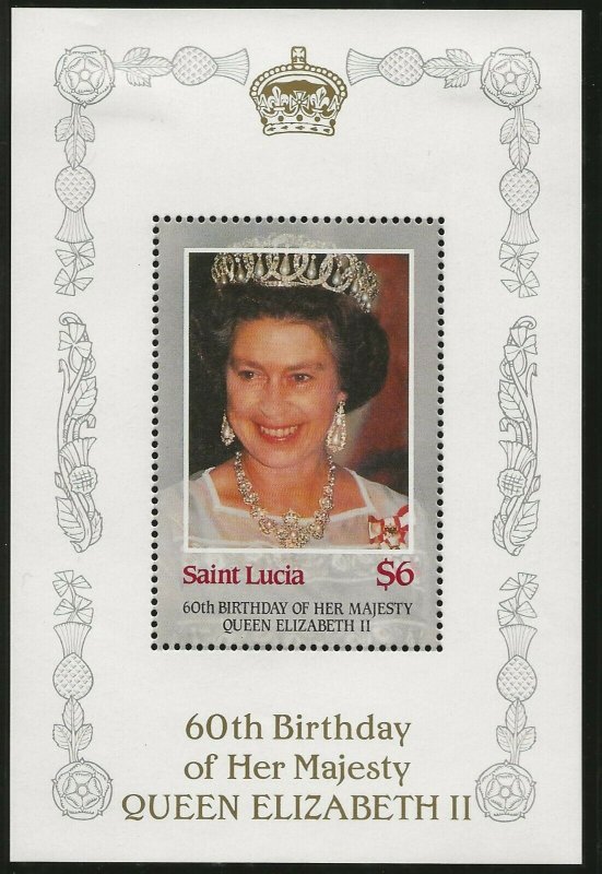 SAINT LUCIA1986 60TH BIRTHDAY QUEEN ELIZABETH ,$6 DELUX PERF SHEETLET 4