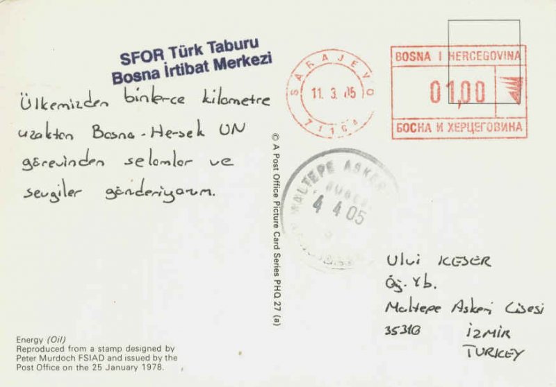 Yugoslavia Bosnia and Herzegovina 1D Meter 2005 Sarajevo, 71164 PPC to Izmir,...