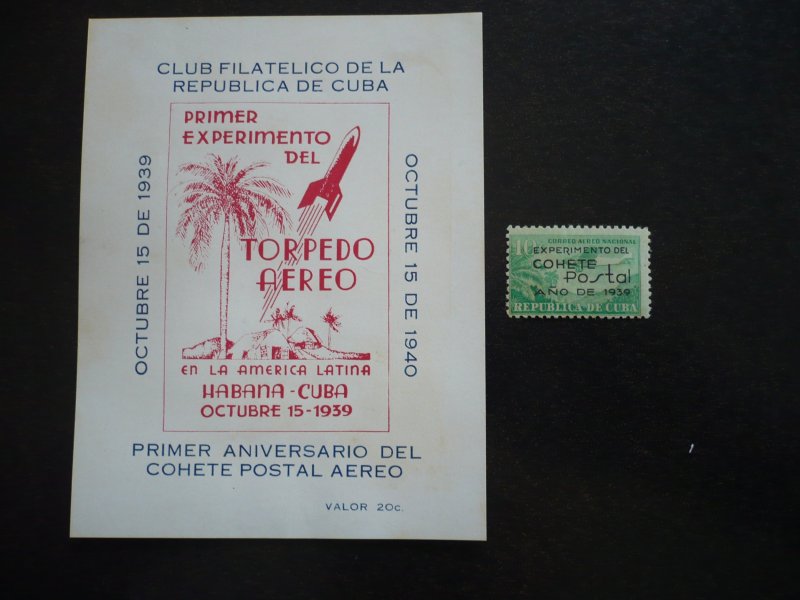Stamps - Cuba - Scott# C31 - Mint Hinged Airmail overprinted Stamp + Souvenir