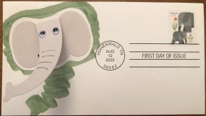 2022 Elephants FDC HAND CRAFTED Cachet googly eyes, trunk raises up!