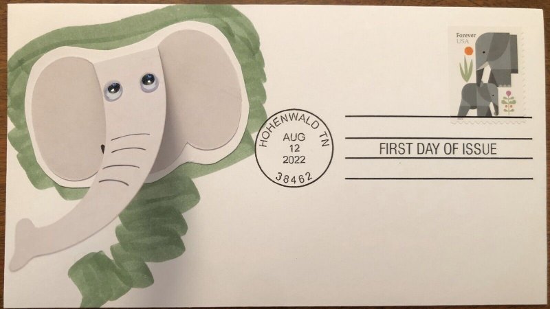 2022 Elephants FDC HAND CRAFTED Cachet googly eyes, trunk raises up!