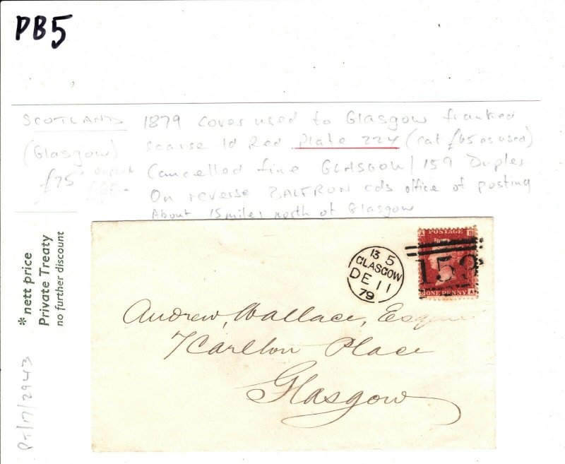 GB SG.43/44 1d Red *Plate 224* Superb Cover Glasgow Duplex 1879 BALFRON CDS PB5