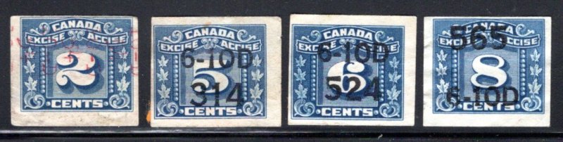 van Dam FX98-101, Set of 4, Imperforate Three Leaf Excise Tax, Canada