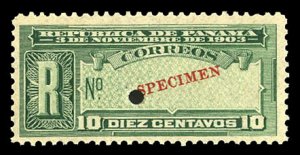 Panama #F27, 1904 10c Registration, overprinted Specimen, with security punch...