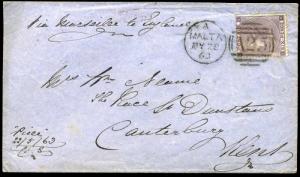 GB USED ABROAD 1863 SG84 6d MALTA A25 *HMS PELICAN*