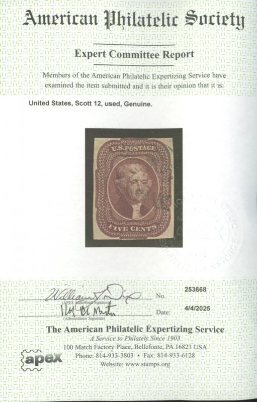 U.S. #12 USED WITH APS CERT
