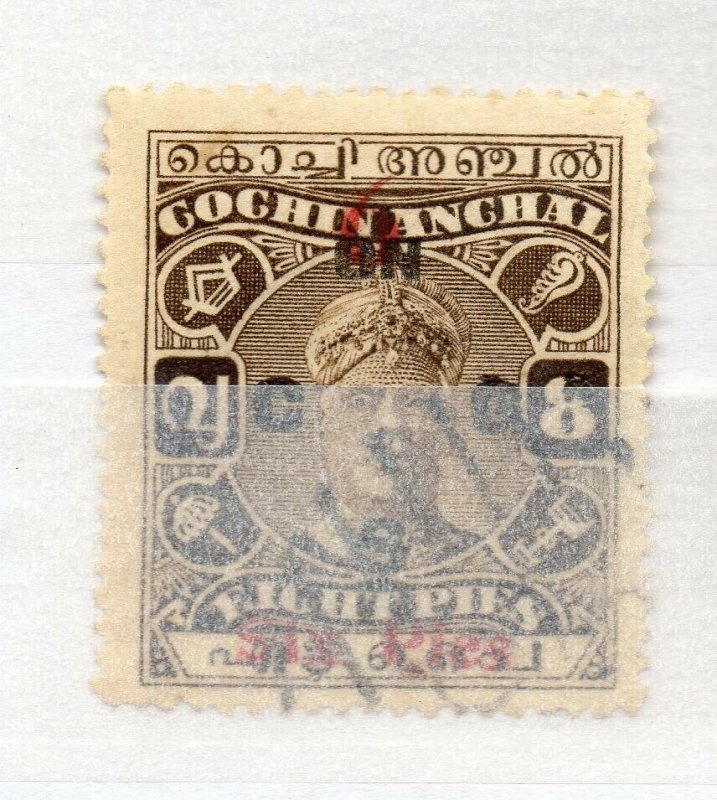 India Cochin 1929-31 Early Issue used Shade of 8p. Optd Surcharged NW-16089 