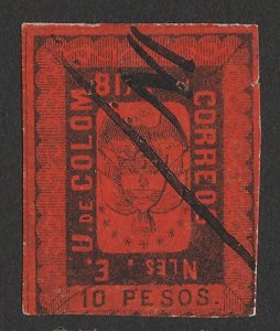 COLOMBIA : 1866 Arms 10P black on vermilion, imperf top value. Yv 40 cat €260.