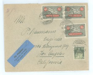 Switzerland 39/C9 1927 Early airmail within Europe and the United states on this cover mailed from Zurich to Los Angeles, Califo