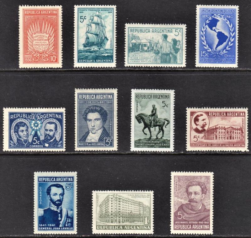 Argentina Scott 453, 458, 469, 473, 475-81  F to VF mint OG NH, H or HR.