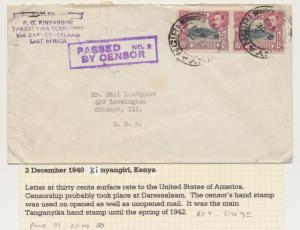 KUT -KINYANGIRI TO USA 1940 CENSOR COVER, 30c RATE(SEE BELOW)