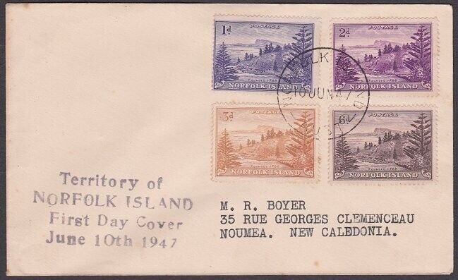 NORFOLK IS 1947 Ball Bay values to 6d on FDC to New Caledonia...............X196