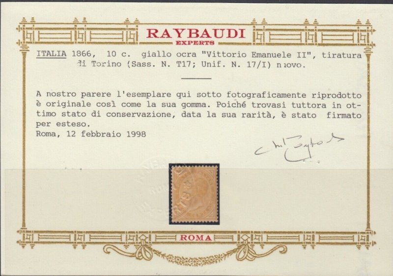 Italy Regno - Sass. n. 17T cv 8500$ -RAYBAUDI CERTIFICATE  -SUPER CENTERED - MH*