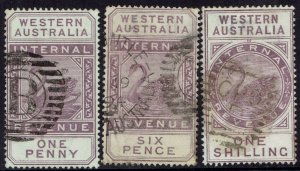WESTERN AUSTRALIA 1893 SWAN INTERNAL REVENUE 1D 6D AND 1/- WMK CA OVER CROWN