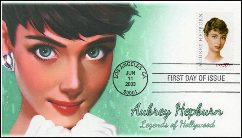 AO-3786, 1, 2003, Aubrey Hepburn, Add-on Cachet, First Day of Issue, SC 3786