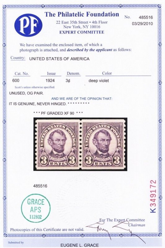 600, Mint XF NH 3¢ Coil Pair - PFC Certificate Graded 90 * Stuart Katz