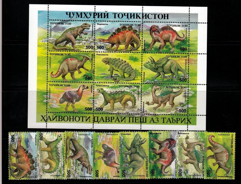 Tajikistan Sc 53-60 & Minisheet NH issue of 1994 - Dinosaurs 