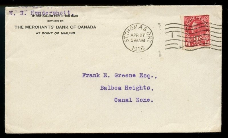 ?Surface to CANAL ZONE Admiral issue, 1916 2c + 1c War Tax, cover Canada