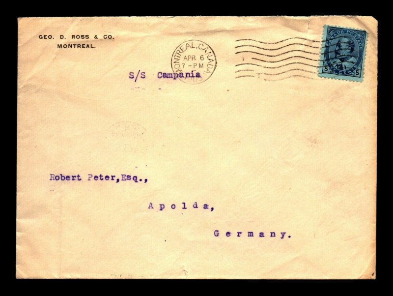 1905 Montreal Cover to Apolda Germany - L27816