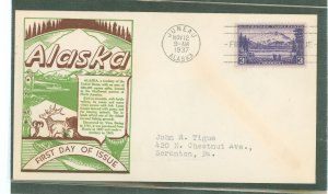 US 800 1937 3c Alaska (part of the US Territory SEries) single on an addressed (typed) FDC with a Washington stamp Exchange cach