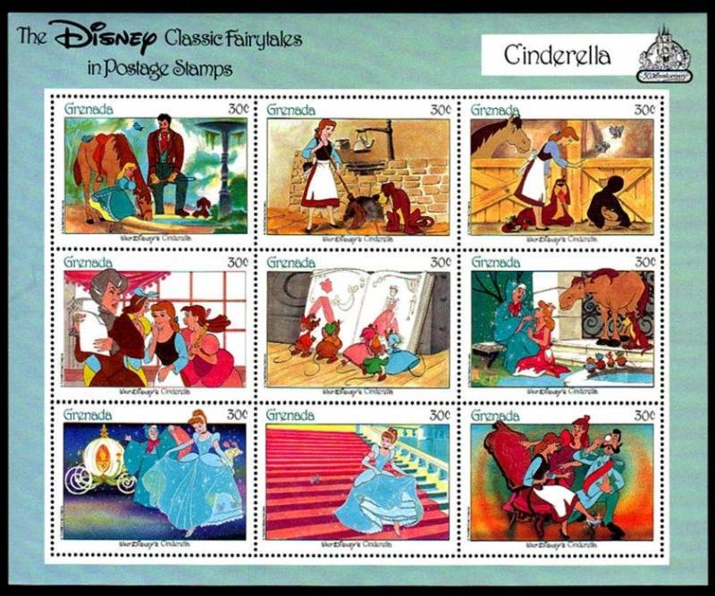 GRENADA - 1987 - DISNEY - CINDERELLA - PRINCE ++ FAIRY TALES - MINT SHEET!