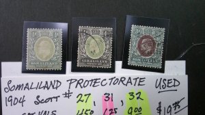 Somaliland Protectorate 1904 Scott# 27, 31, 32 USED F-VF