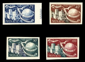 Monaco #C30-32 (YT PA45-48) Cat€55, 1949-50 UPU, imperf. set of four, light...