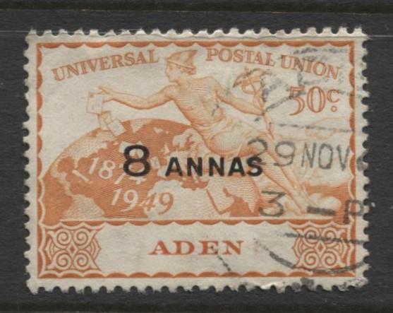 ADEN - Scott 34 - Overprint UPU - 1949- Used - Single 8a Stamp