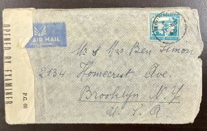 PALESTINE 1943 CENSORED AIRMAIL cover Jerusalem to Brooklyn 100m