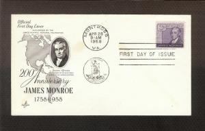 FIRST DAY COVER #1105 James Monroe 200th Anniversary 3c ARTCRAFT U/A FDC 1958