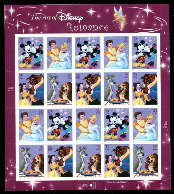 4025- 4028 Disney Romance 39¢ Sheet of 20 Stamps 2006