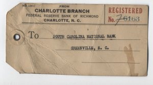 1928 Charlotte NC registered parcel tag $1 4th bureaus [y8237]